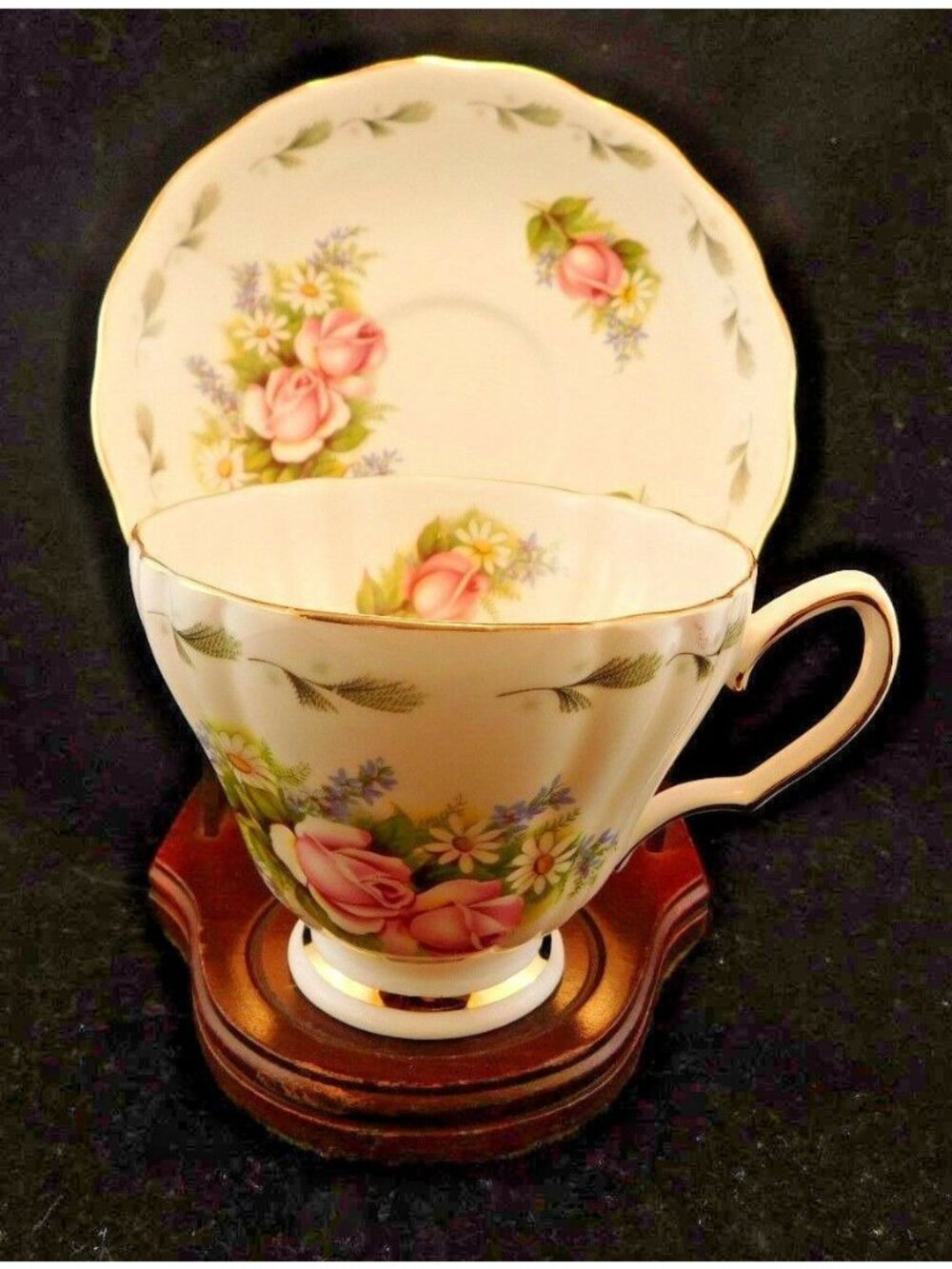 Royal Vale Ridgeway Potteries Pink Roses Tea Cup Saucer Floral Gold Trim